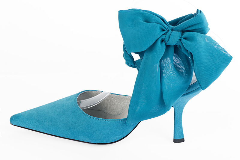 Turquoise blue women's open back shoes, with an ankle scarf. Pointed toe. High spool heels. Profile view - Florence KOOIJMAN